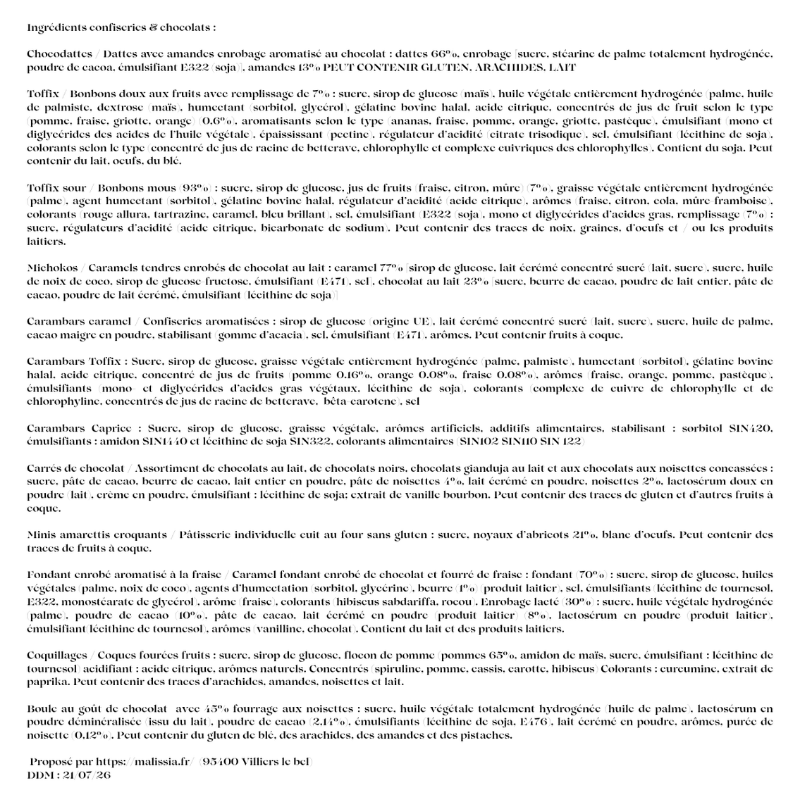 Ingrédients recharges calendrier Ramadan confiseries & chocolats