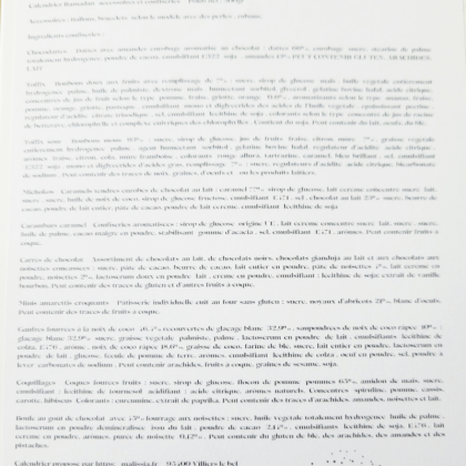Liste ingrédients calendrier surprises, confiseries & chocolats