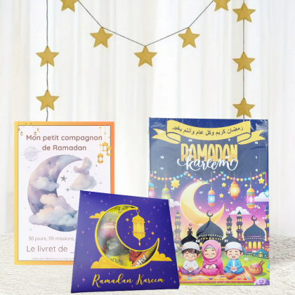 Pack complet Ramadan avec livret d'activités, calendrier chocolat & coffret de bonbons halal